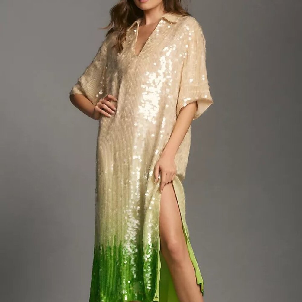 Anthropologie Cream Embellished Slit Maxi Dress